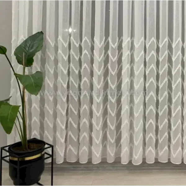  Zigzag desenli püsküllü lüks keten tül perde – ağır gramajlı, dokulu ve modern perde modeli