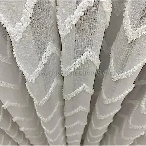  Zigzag Desenli Püsküllü Lüks Keten Tül Perde