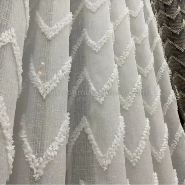  Zigzag desenli püsküllü lüks keten tül perde – ağır gramajlı, dokulu ve modern perde modeli