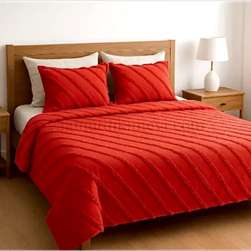 Çarpraz Çizgili Tuğla Renk Püsküllü Yatak Örtüsü Seti – Ultra Konfor & Özel Tasarım