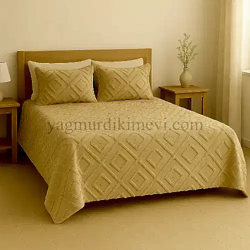 Geometrik Desen Açık Bej Renk Püsküllü Yatak Örtüsü Seti – Ultra Konfor & Özel Tasarım