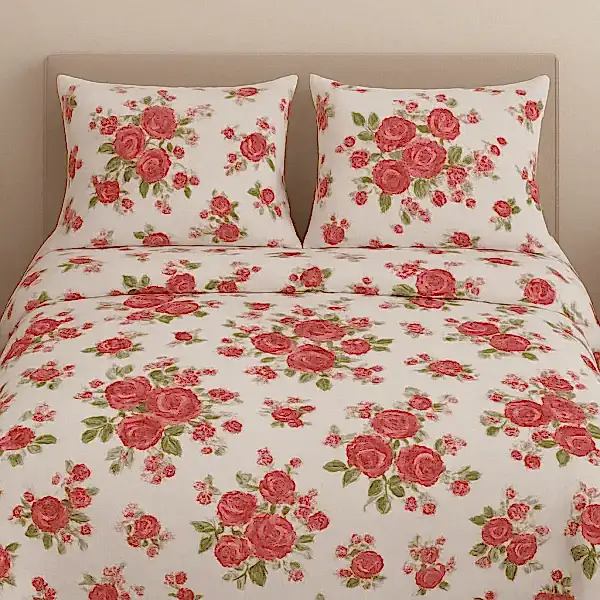 Flora çiçekli pamuk nevresim takımı kırmızı desenli - Yağmur Dikim Evi