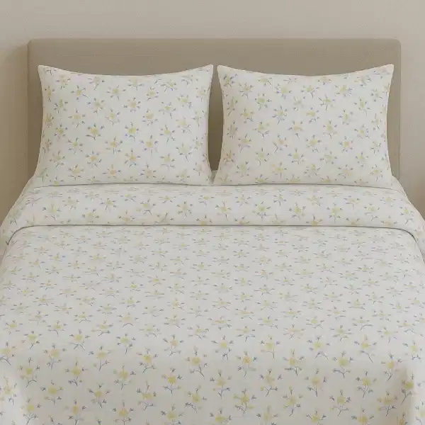 Alya çiçekli pamuk nevresim takımı sarı mavi desenli - Yağmur Dikim Evi