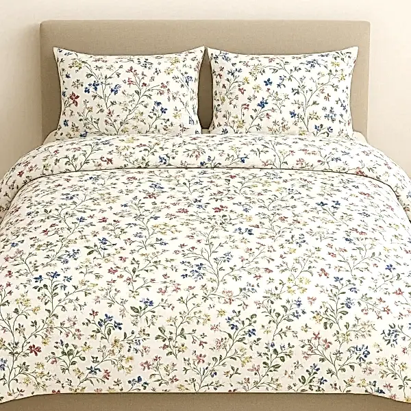 Tetra çiçekli pamuk nevresim takımı sarı mavi kırmızı desenli - Yağmur Dikim Evi