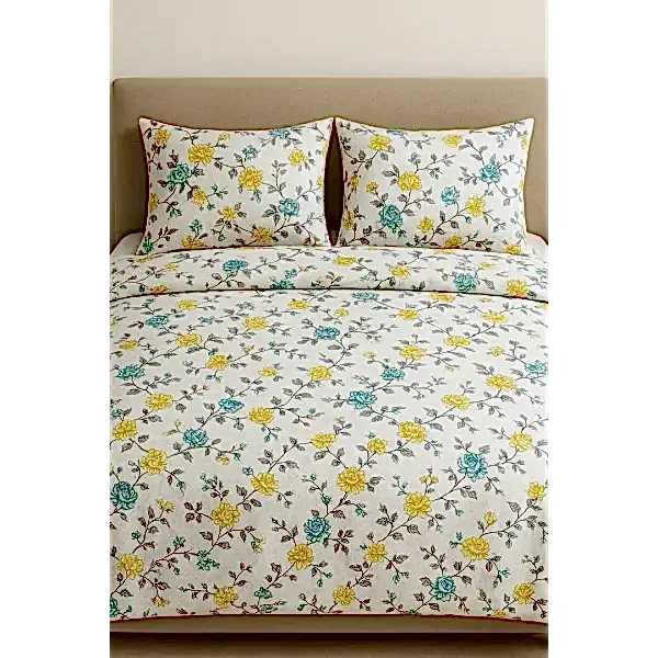 Senta Pamuklu Nevresim Takımı - Çiçek Desenli Sarı Mavi Senta çiçekli pamuk nevresim takımı sarı mavi desenli - Yağmur Dikim Evi