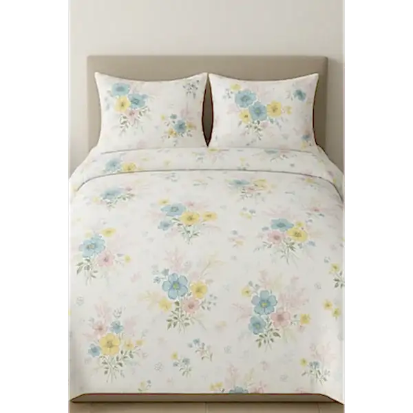 Deste çiçekli pamuk nevresim takımı sarı mavi desenli - Yağmur Dikim Evi