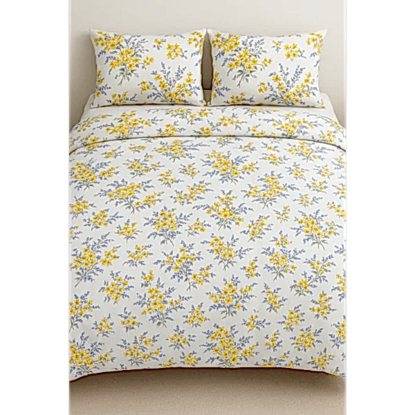 Demet çiçekli pamuk nevresim takımı sarı mavi desenli - Yağmur Dikim Evi