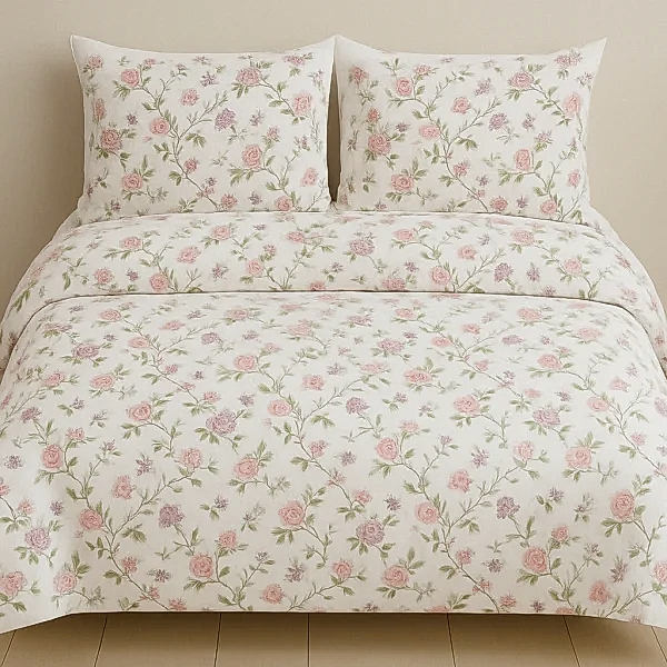 Nazar çiçekli pamuk nevresim takımı mor pudra desenli - Yağmur Dikim Evi