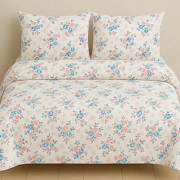 Esra Pamuklu Nevresim Takımı - Çiçek Desenli Mavi Turuncu Esra çiçekli pamuk nevresim takımı mavi turuncu desenli - Yağmur Dikim Evi